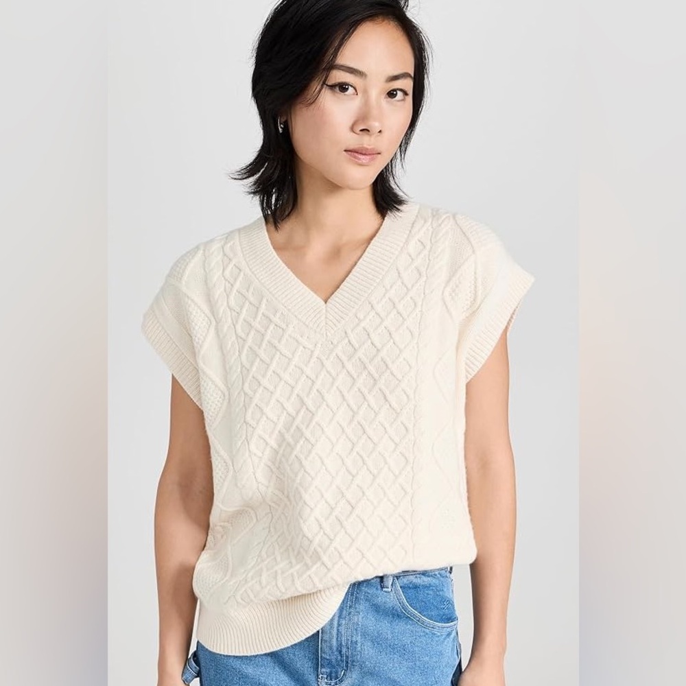 Madewell Cream Cable Knit V-Neck Top